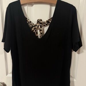 SHEIN Black Tee with Leopard Print Accent